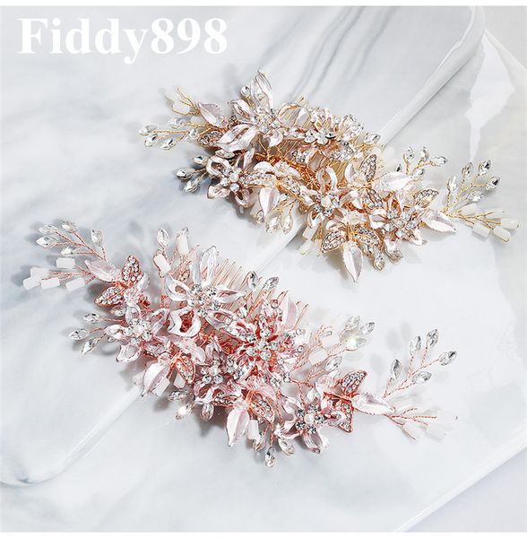 

rose gold crystal wedding hair comb handmade rhinestone wedding hair accessories bridal headpiece women jewelry pins tiara, Golden;white