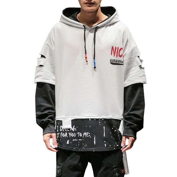 

men's hoodies & sweatshirts fake two-piece print hooded sweatshirt hip hop street-wear fashion outwear casaul coat hand panting homme 5, Black
