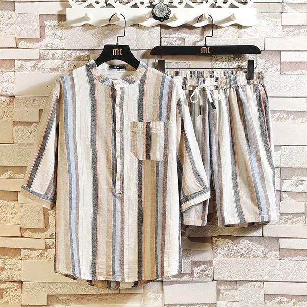 

2020 sports casual short-sleeved suit men's striped thin training suit short-sleeved shorts two-piece men, White;black