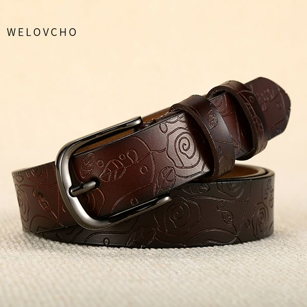 

welovcho flower embossed leather strap women belt jeans vintage buckle female waistbandgenuine leather dresses belts for women, Black;brown