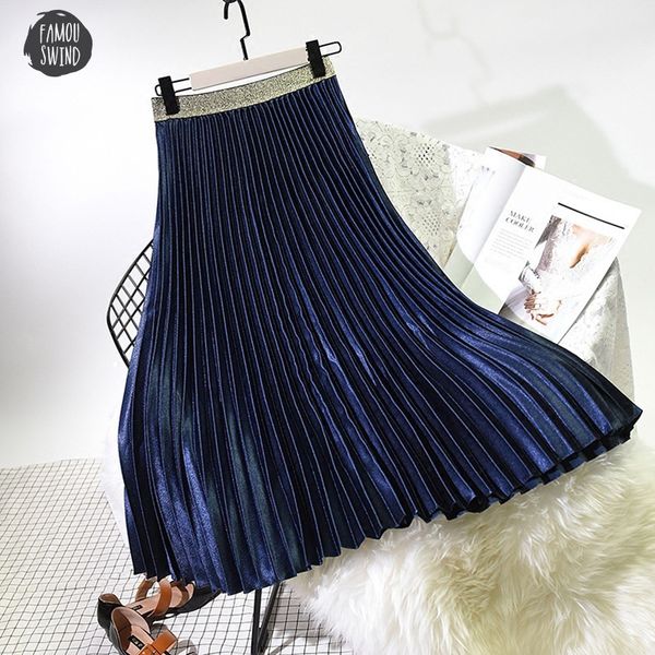 

spring elegant pleated skirt women 2019 elastic high waist women long skirt female autumn ladies midi skirt saia, Black