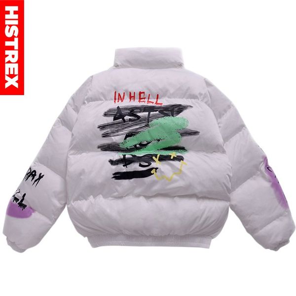 

2020 hip hop jacket parkaletter граффити печать в ад streetwear мужчины ветровка harajuku winter ватник пальто outwear новый, Black