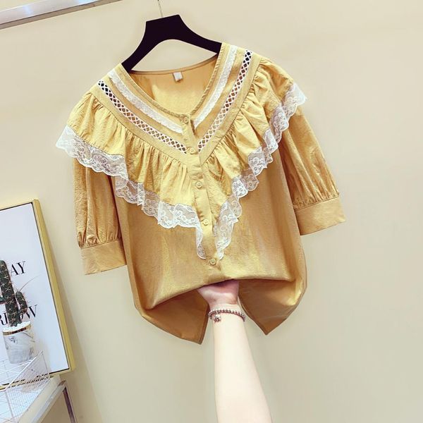 

blouse woman 2019 summer new leaf edge v collar lace shirt bubble sleeve shirt shirts girls ladies basic blouses, White
