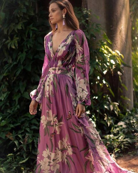 

woman dress v-neck lily floor-length dress printing new product purple long sleeve full-length dress new arrive, Black;gray