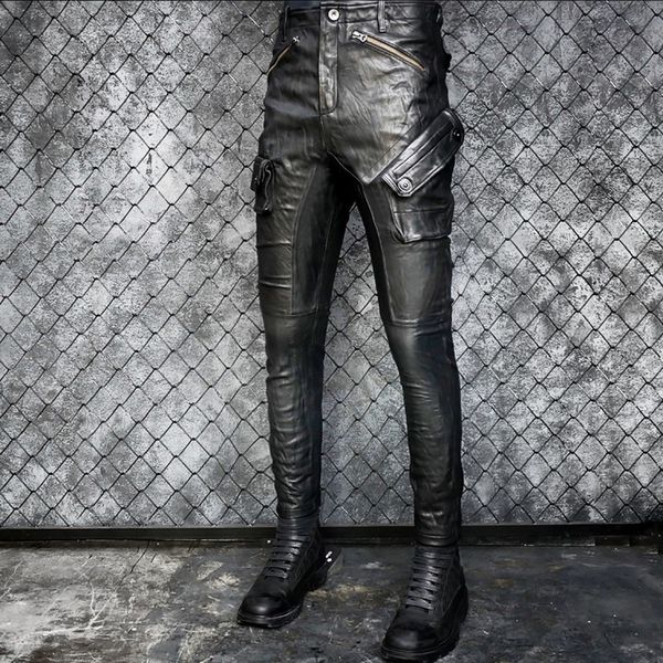 

men genuine leather pants motorcycle slim sheepskin pleated pencil pants luxury multi-pocket vintage punk biker trousers black