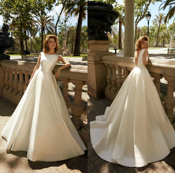 

simple satin wedding dresses bridal gowns jewel neck backless a line plus size robe de mariee custom made wedding gowns, White