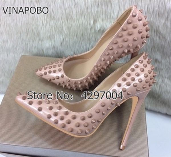 

vinapobo nude pointed toe thin high heels rivets spike women party shoes classical fashion studs lady party wedding shoes, Black