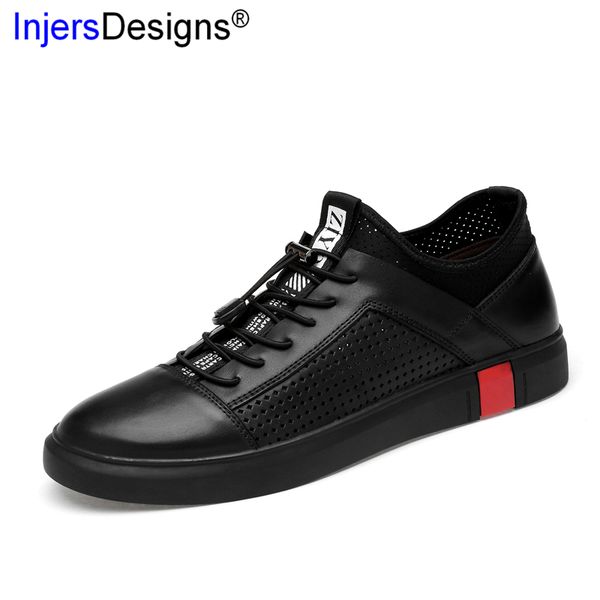

plus size 36-47 genuine leather casual shoes men fashion hollow out sneakers lace-up breathable men trainers shoes, Black