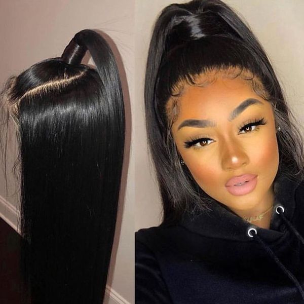 

high ponytail brazilian 26inch long lace front human hair wigs 250density silky straight 13x6 lace front wigs hd for women, Black;brown