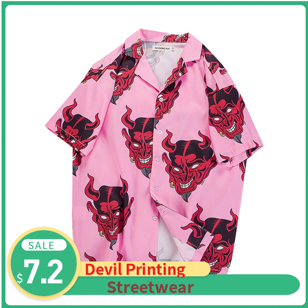 

hawaiian shirt man hip- streetwear devil full printing shirts hip beach rapper korean shirts summer camisaloose, White;black