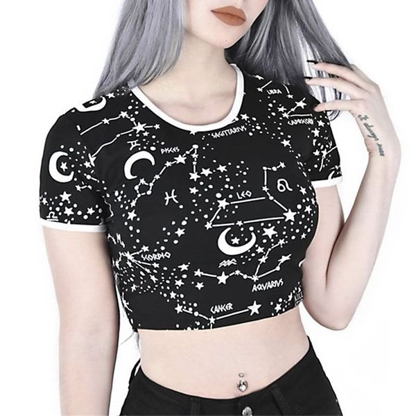 

rosetic women t-shirts punk black gothic hip hop slim 3d star print embroidery elegant female fashion goth ol y19072701, White
