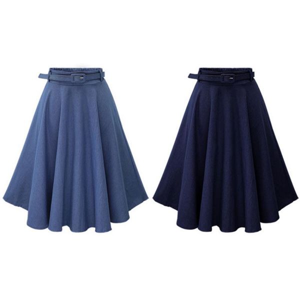 

skirts 2021 summer autumn women denim jeans a line casual skirt high elastic waist streetwear midi pleated female clothing, Black
