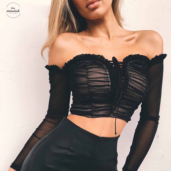 

ruffle off shoulder long sleeve black white women and bandage blouses ruched mesh crop female