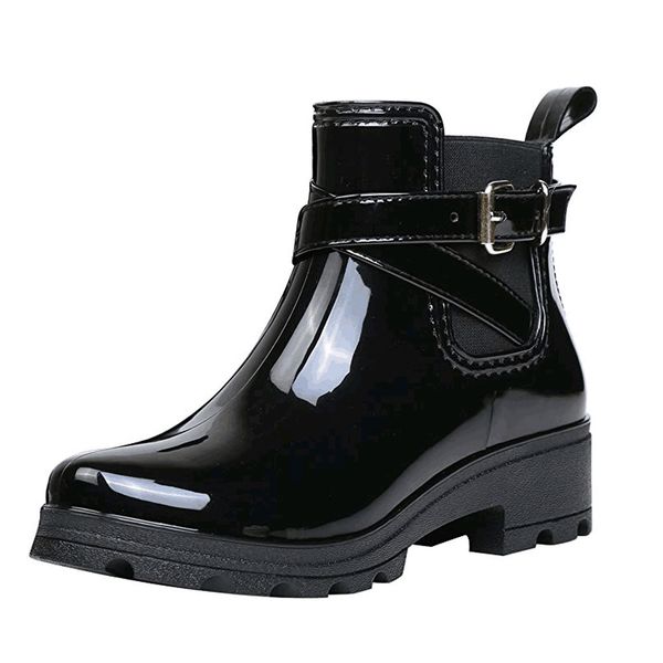 

jaycosin new rain boots warm buckle platform flat slip on pu waterproof motorcycle booties female stylish rainny shoes, Black