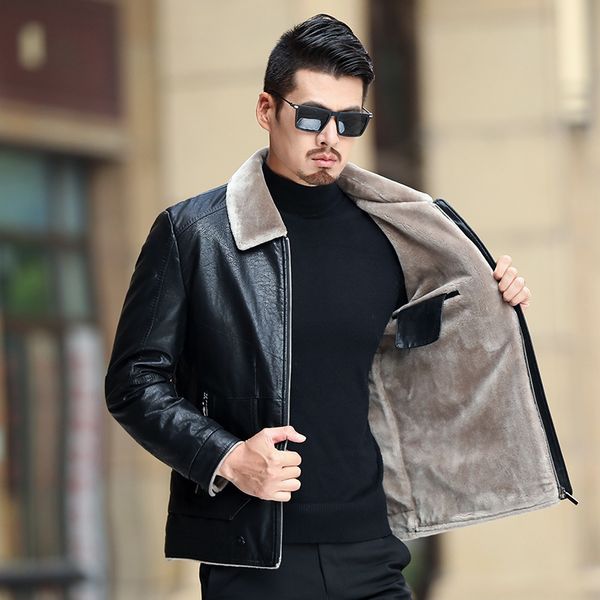 

men jackets fur coat fleece lined bomber black leather male outerwear winter keep warm blouson homme