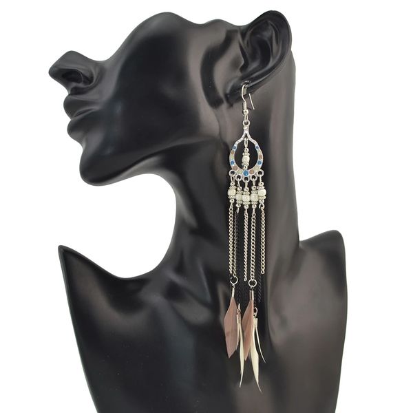 

3 colors ethnic jewelry bohemian long chain feather drop women beads statement earrings, Silver