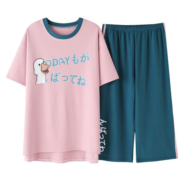 

summer new cotton cartoon women pajama set short sleeve calf length pants pajamas, Blue;gray