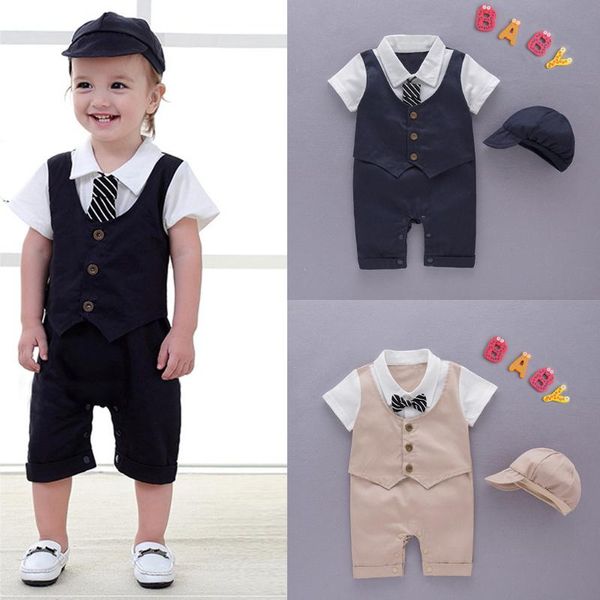 

boys clothes infant baby short sleeve gentleman romper solid print jumpsuit + hat vetement enfant fille roupas menino, White