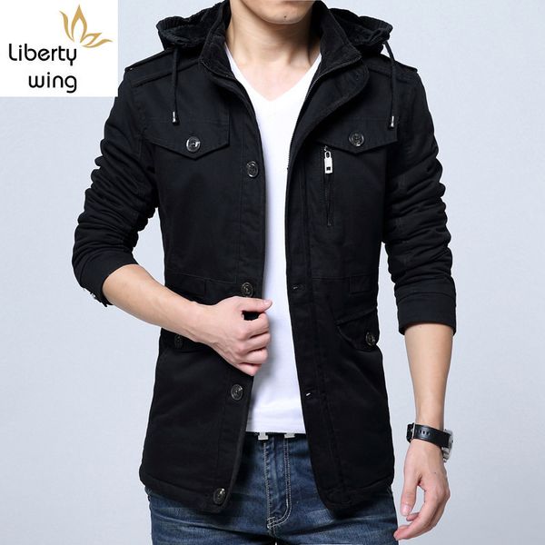 

mens parka clothes winter new hooded fleece lining warm jacket casual solid pockets long sleeve cotton coat men plus size, Black