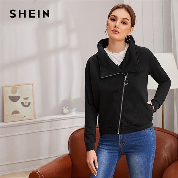 

shein black o-ring zip up bike jacket women spring autumn long sleeve pocket casual outwear solid jackets, Black;brown