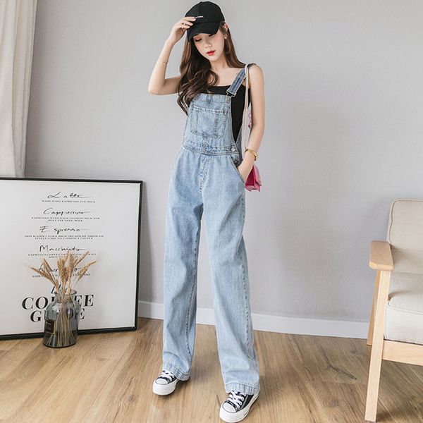 

summer denim jumpsuit women casual front pocket design jeans overalls rompers ladies wide leg jumpsuits combinaison femme, Black;white