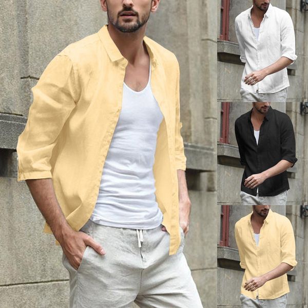 

autumn fashion shirts long sleeve camisa men's baggy linen blend solid color three quarter sleeve turn-down collar shirts -3xl, White;black