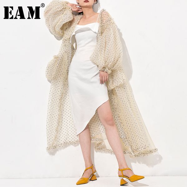 

eam] 2019 новая весна осень v-образным вырезом с длинным рукавом бежевый dot печатный mesh длинный большой размер ветровка женская плащ мод, Tan;black