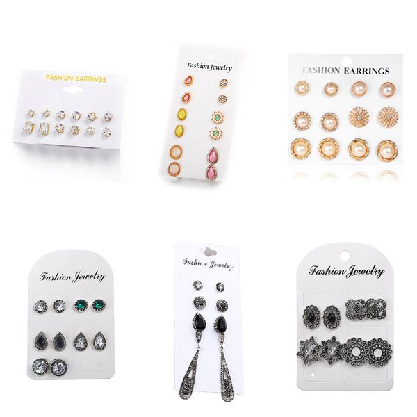 

water drop rhinestone flower stud earrings set for women girls vintage black crystal earrings ear studs party jewelry brincos, Golden;silver