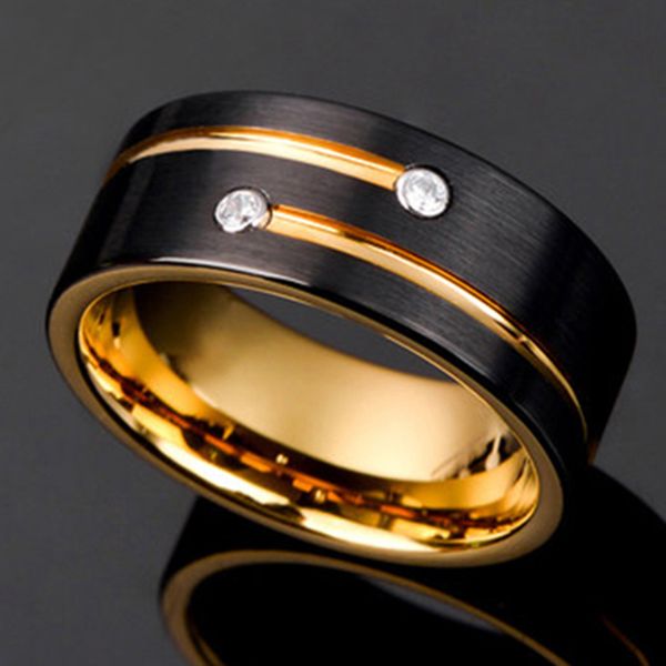 

black gold color tungsten carbide ring for men women wedding band anniversary inlay shiny cz stone rings jewelry, Golden;silver
