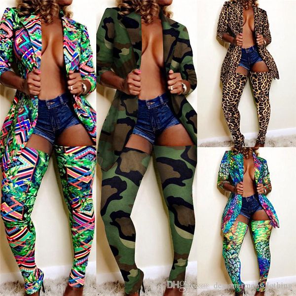 

leopard 2pcs womens sets lapel neck long sleeve jacket long pantyhose two pieces sets fashion female club suits, White