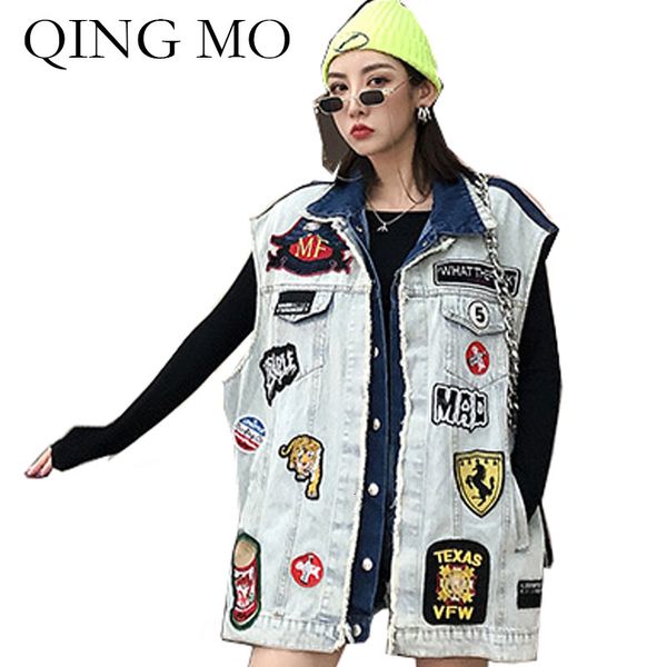 

qing mo blue women denim vest 2019 women casual slim vest with patch female single breasted jacket coat zqy2239, Black;white