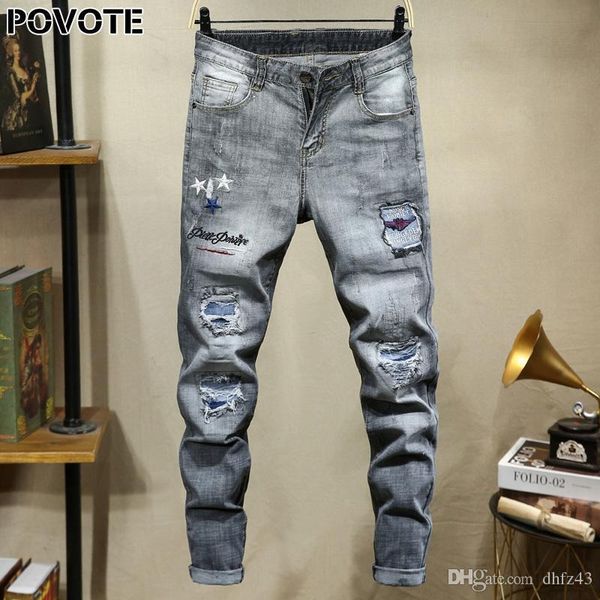 

povote brand jeans retro nostalgic straight trousers patchwork embroidery men's jeans pants motorcycle jeans trend design t200410, Black