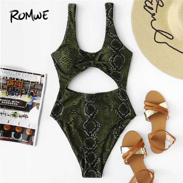 

romwe sport green one-piece suits snake print cut-out swimsuit women summer knot scoop neck high cut monokinis swimwear, White;black