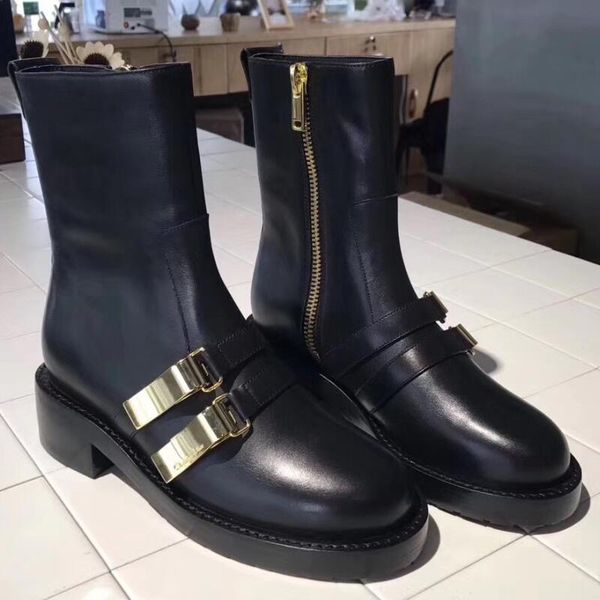 

new genuine leather booties buckle straps thick heel black ankle women boots metal decorated woman boots motorcycle winter shoes
