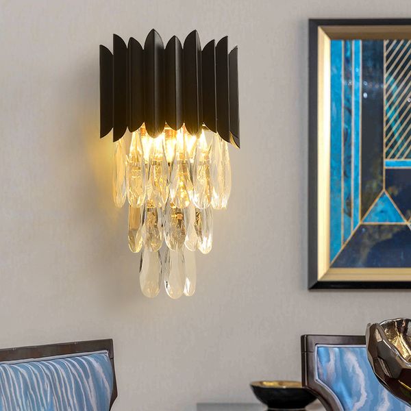 

luxury crystal wall lamp living room bedroom bedside wall light black metal sconce