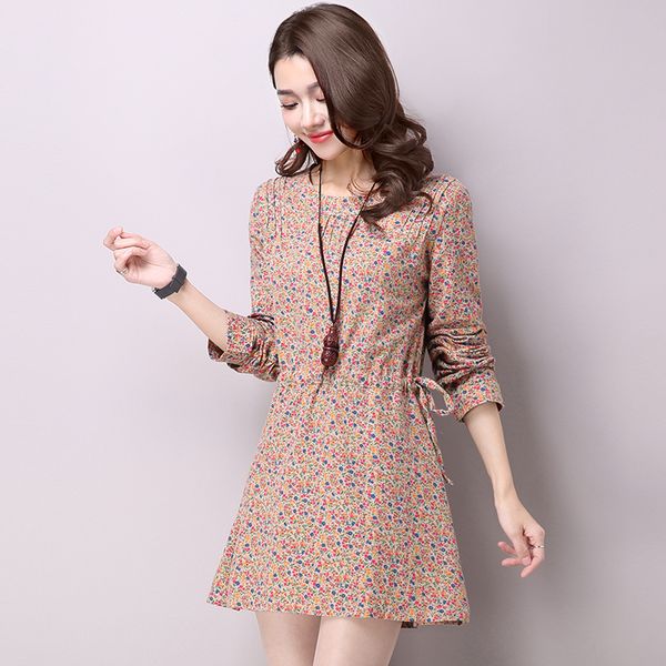 

2018 new spring cotton linen long sleeve women mini dress plus size flower print a-line o-neck dresses vestidos femininos, Black;gray