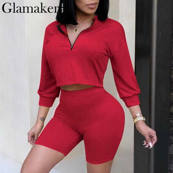 

glamaker red zipper v neck women romper spring fitness long sleeve short jumpsuit women casual crop playsuit overalls 2019, Black;white