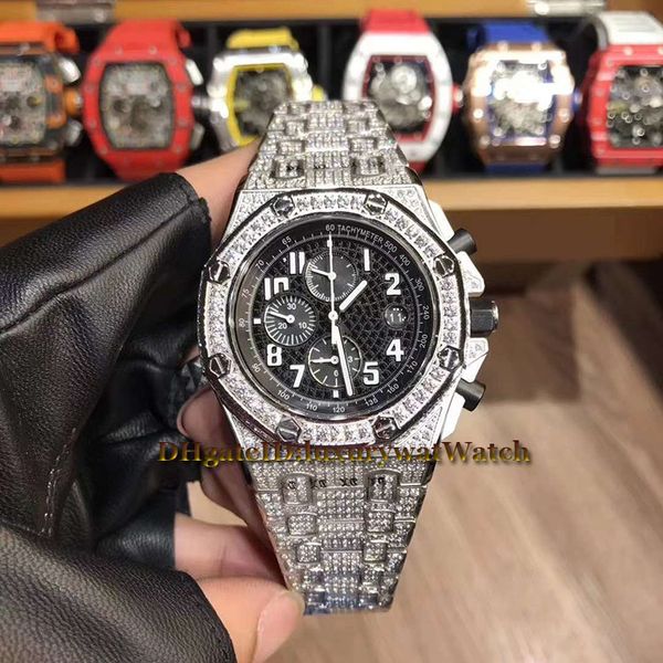 

46mm luxry off hore 26215bc zz 1239bc 01 black dial diamond bezel wi quartz chronograph multifunction men watch 316l teel diamond band, Slivery;brown