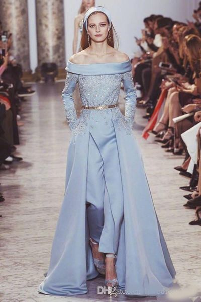 New Elie Saab Tuta Abiti da sera Bateau Neck Abito da ballo a maniche lunghe con applicazioni in pizzo Sash Overskirts Abiti da festa formali