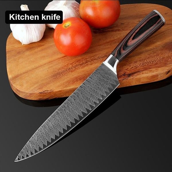 

кухонный нож шеф-повара ножи 8 дюймов японский высокоуглеродистой нержавеющей стали шлифование лазерная pattern santoku нож sharp knife