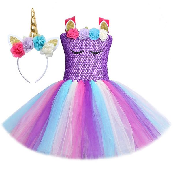 

дети единорог платье девушка tutu костюмы дети цветы принцесса девочка платье венчание партии halloween чайлдс одежда voile, Red;yellow