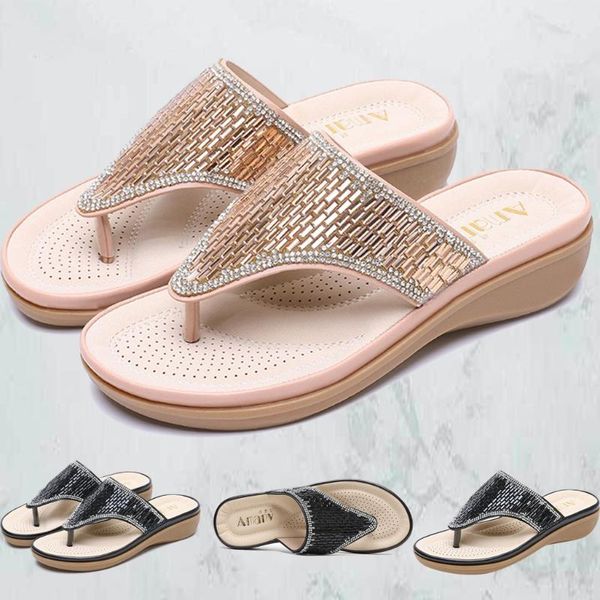 

sagace women's sandals 2020 fashion summer bling crystal med heel wedges beach shoes roman flip flops slippers sandals for women, Black