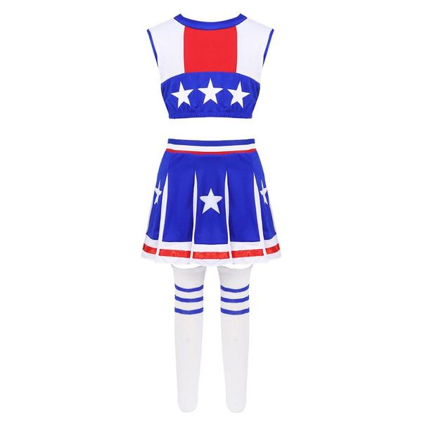 

kids girls cheerleading uniform sleeveless stars printed crop with shorts skirt socks dancewear stage performance costume