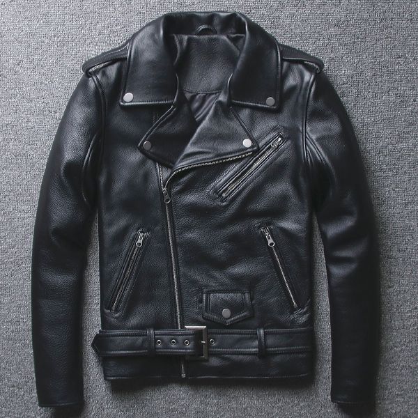 

cow motorcycle genuine leather jacket men sashes double-layer biker jacket diagonal zipper punk fashion short real leather coat, Black