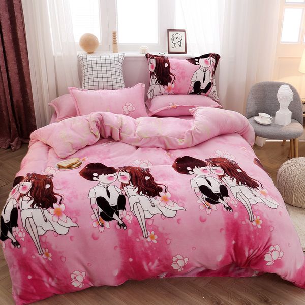 

autumn winter bedding four-piece thicken keep warm coral fleece bed sheets double-sided flannel quilt cover cartoon style 3piece