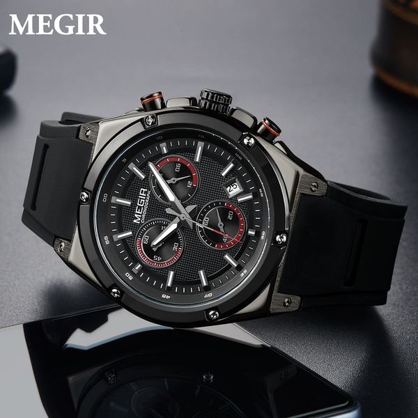 

megir men black silicone sports quartz wrist watches luminous relojios relojes waterproof chronograph clock montres q2073g-bk-1, Slivery;brown