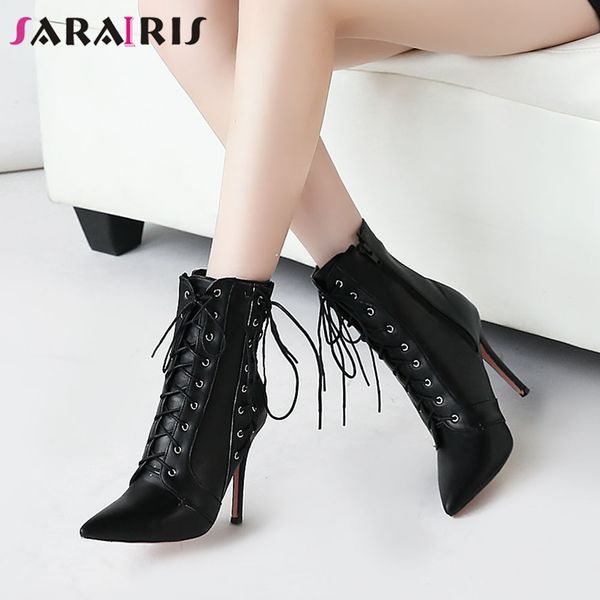

sarairis plus size 34-47 ladies fashion extrem pointed toe ankle boots women party thin high heels boots mature shoes woman, Black