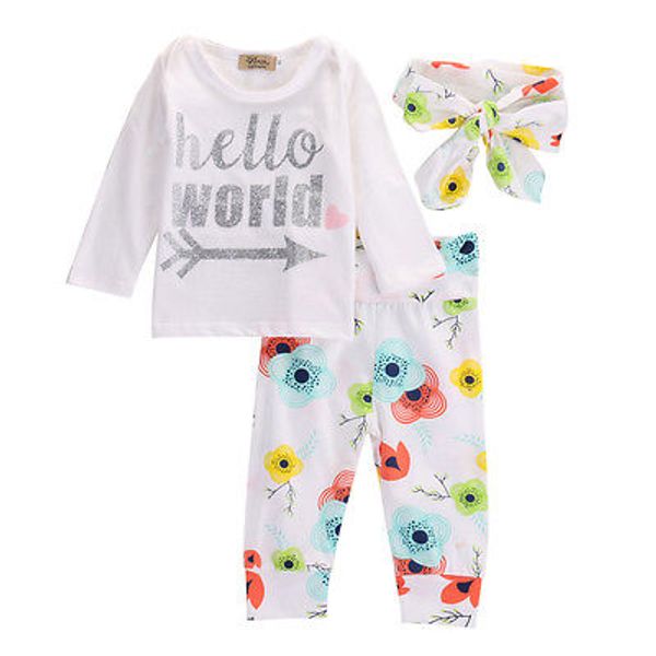

3 шт./компл. новорожденных девочек осень привет мир топы + цветочный принт брюки + оголовье 3 шт. наряды детская осенняя одежда, Pink;blue