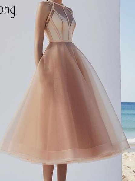 2020 moda champanhe chá comprimento curto vestidos de baile elegante ver através de vestidos de cocktail sexy muito vestido formal para vestidos de formatura