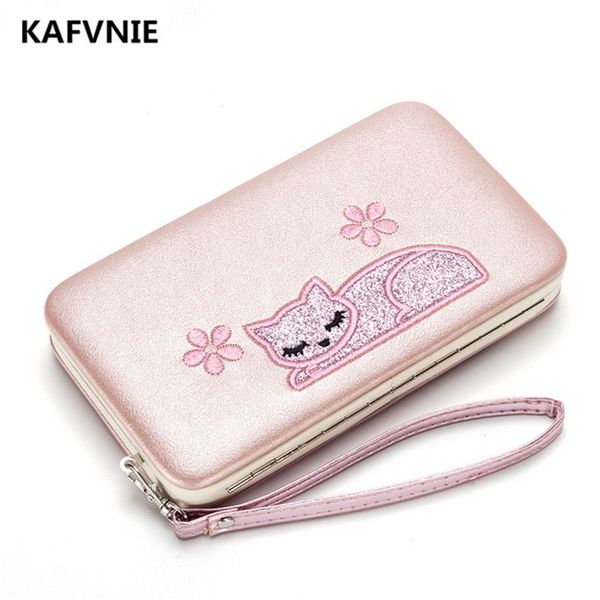 

new cat pattern pu women luxury wallet red long embroidery ballet girl multicolor womens wallets and purses black color, Red;black